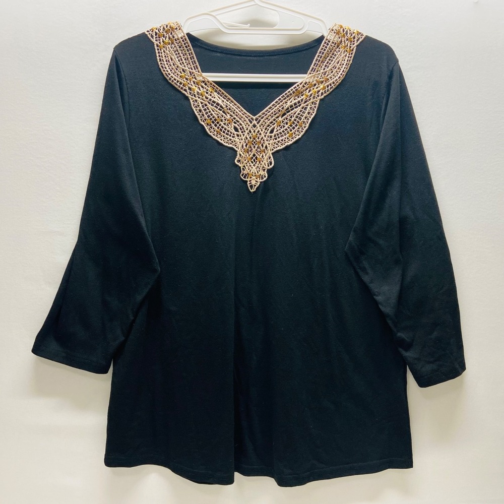 Women's Blouse XXL Black Embelish V-Neck 3/4 Sleeve Western Tribal Embroider GUC